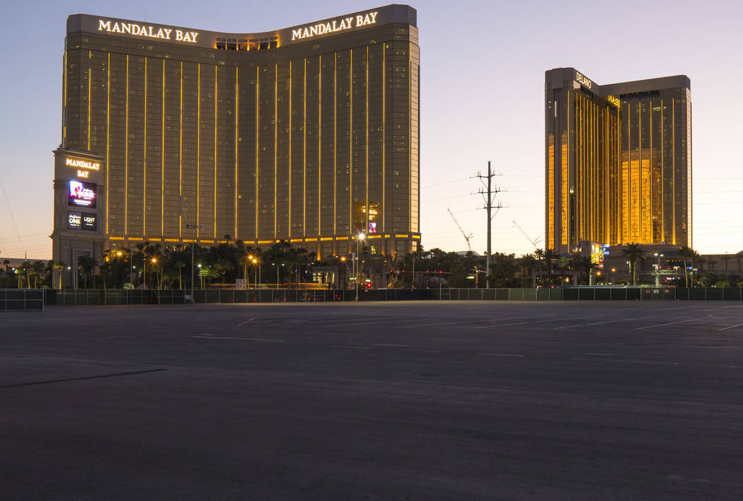 Mandalay Bay, left, and Delano are seen from Las Vegas Village, site of the Route 91 Harvest festival shooting, on the Las Vegas Strip on Tuesday, Sept. 25, 2018. Richard Brian Las Vegas Review-Jo ...