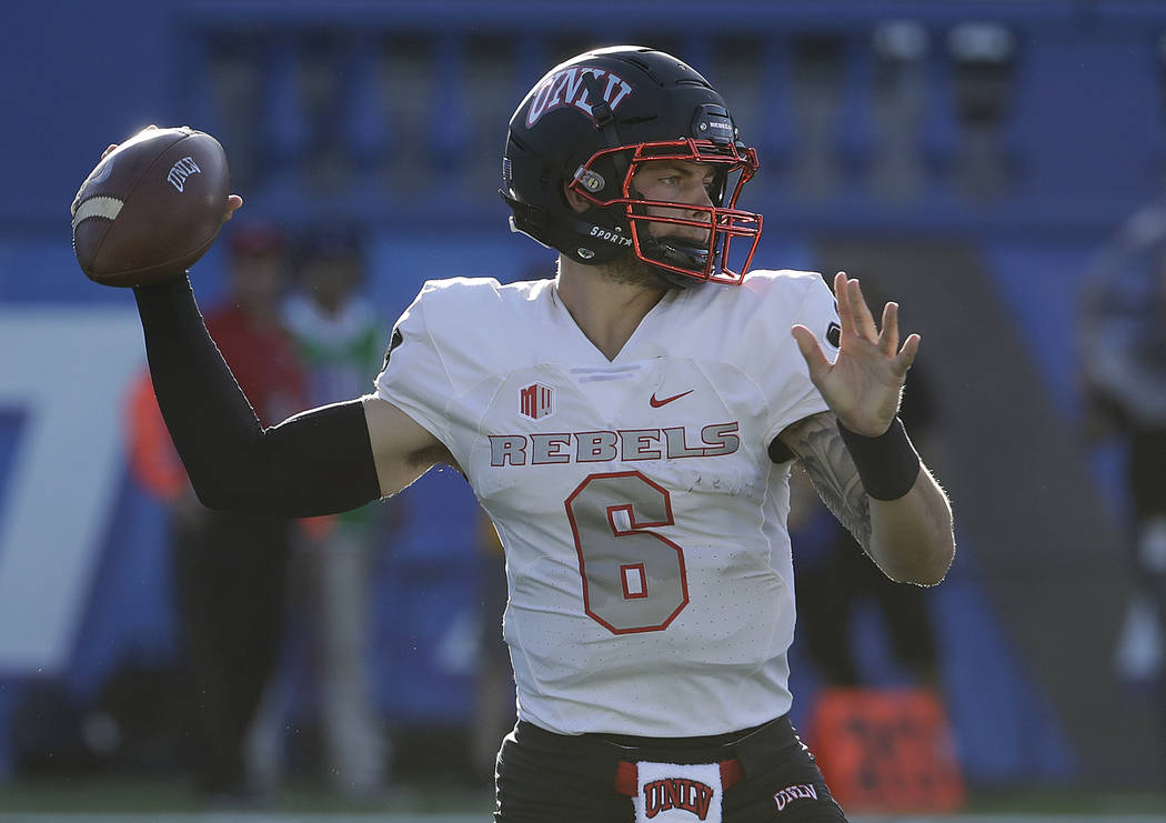 UNLV quarterback Max Gilliam (6) looks to pass against San Jose State during the first half of an NCAA college football game in San Jose, Calif., Saturday, Oct. 27, 2018. (AP Photo/Jeff Chiu)