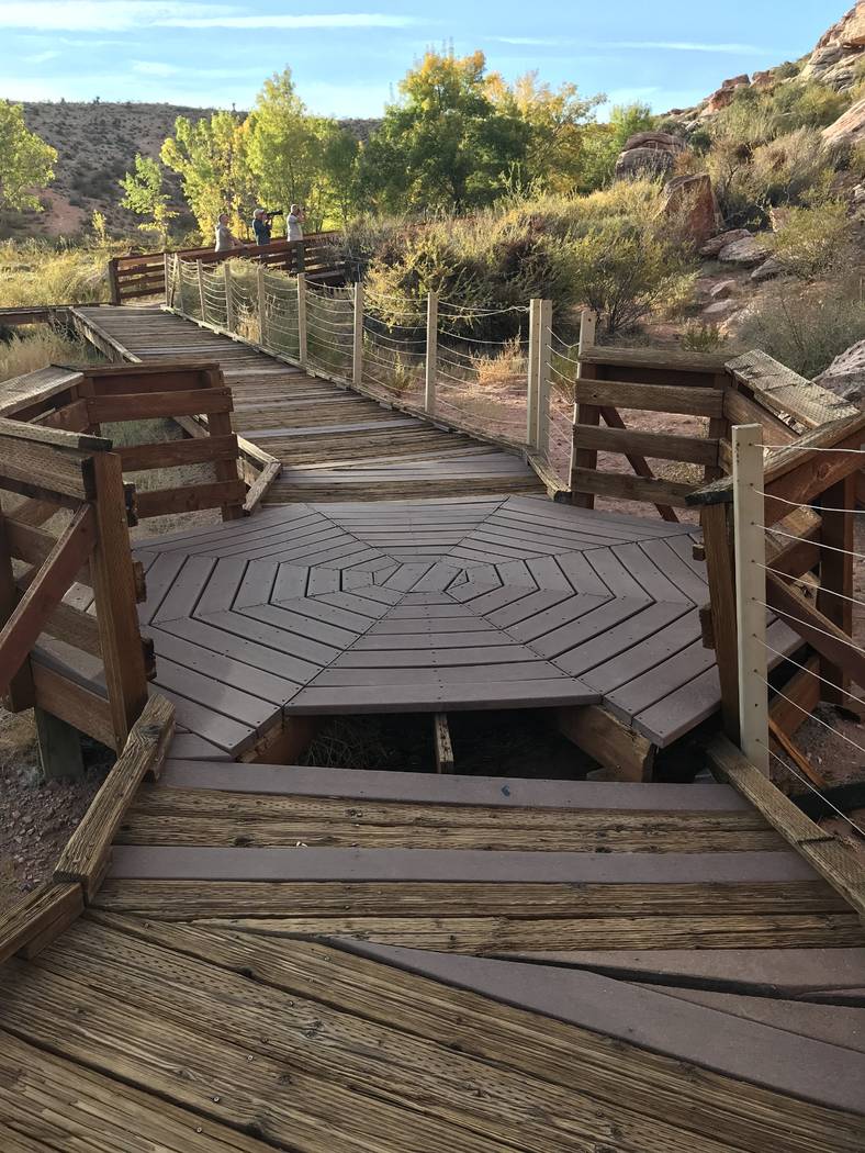 Missing planks create a safety hazard at the Red Spring boardwalk at Red Rock Canyon National Conservation Area on Oct. 29. (Henry Brean/Las Vegas Review-Journal)