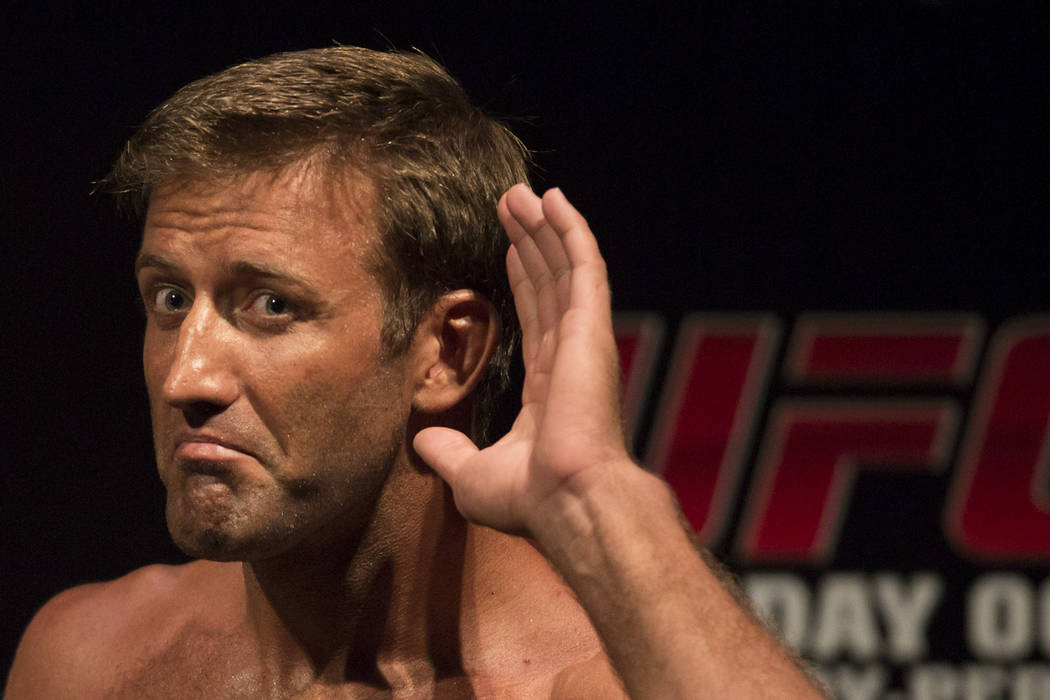 Mixed martial arts fighter Stephan Bonnar, from the U.S., jokes with fans during the UFC 153 weigh-in event in Rio de Janeiro, Brazil, Friday Oct. 12, 2012. The Ultimate Fighting Championship orga ...
