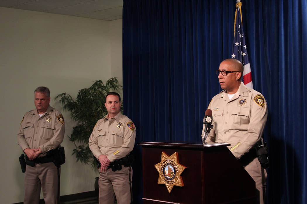 Assistant Sheriff Charles Hank briefs the media Tuesday, Oct. 30, 2018 at Metropolitan Police Department headquarters on an Oct. 27 officer-involved shooting that left one man dead in the south va ...