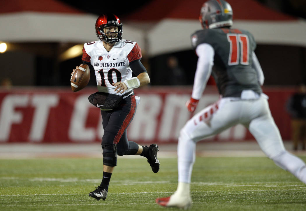 San Diego State quarterback Christian Chapman (10) searches for a receiver during the second half of an NCAA college football game against New Mexico in Albuquerque, N.M., Saturday, Nov. 3, 2018. ...