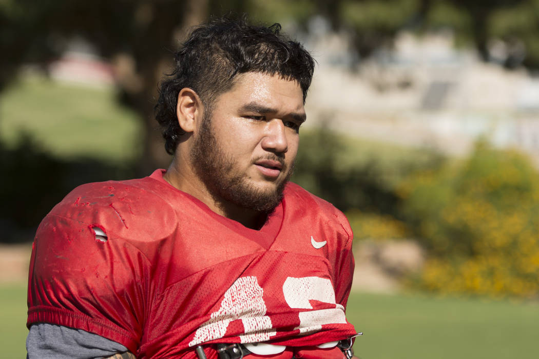 Defensive linemen Salanoa-Alo Wily (42) speaks with a reporter following football practice at UNLV's Rebel Park in Las Vegas, Tuesday, Oct. 11, 2016. (Jason Ogulnik/Las Vegas Review-Journal)