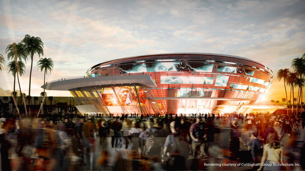 This rendering, released in December 2013, depicts the arena that ex-NBA player Jackie Robinson set out to build on the Las Vegas Strip. The project has not been built. (Cunningham Group Architecture)