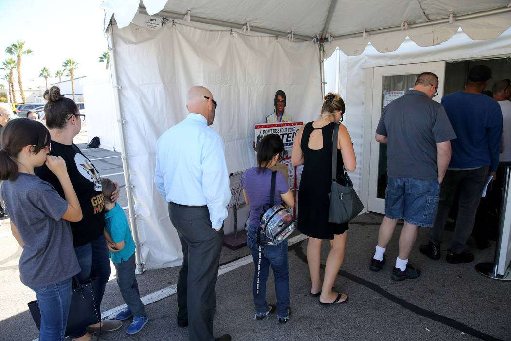 Early voters line up to cast their ballots at Silverado Ranch Plaza in Las Vegas Thursday, Nov. 1, 2018. The final day of early voting is Friday. Election day is Tuesday, Nov. 6. K.M. Cannon Las V ...