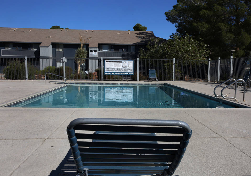 Swimming pool area at Cornerstone Crossing apartments on 6666 W. Washington Ave., photographed on Friday, Oct. 19, 2018, in Las Vegas. Bizuayehu Tesfaye/Las Vegas Review-Journal @bizutesfaye