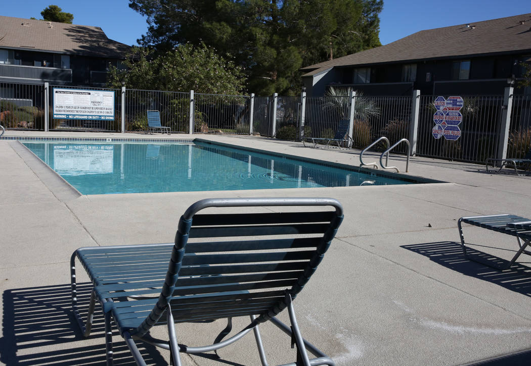 Swimming pool area at Cornerstone Crossing apartments on 6666 W. Washington Ave., photographed on Friday, Oct. 19, 2018, in Las Vegas. Bizuayehu Tesfaye/Las Vegas Review-Journal @bizutesfaye