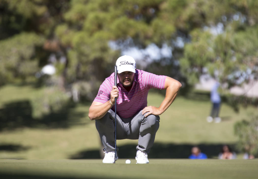 Peter Uihlein lines up a putt on the first green during the third round of the Shriners Hospitals for Children Open tournament at TPC at Summerlin in Las Vegas on Saturday, Nov. 3, 2018. Richard B ...