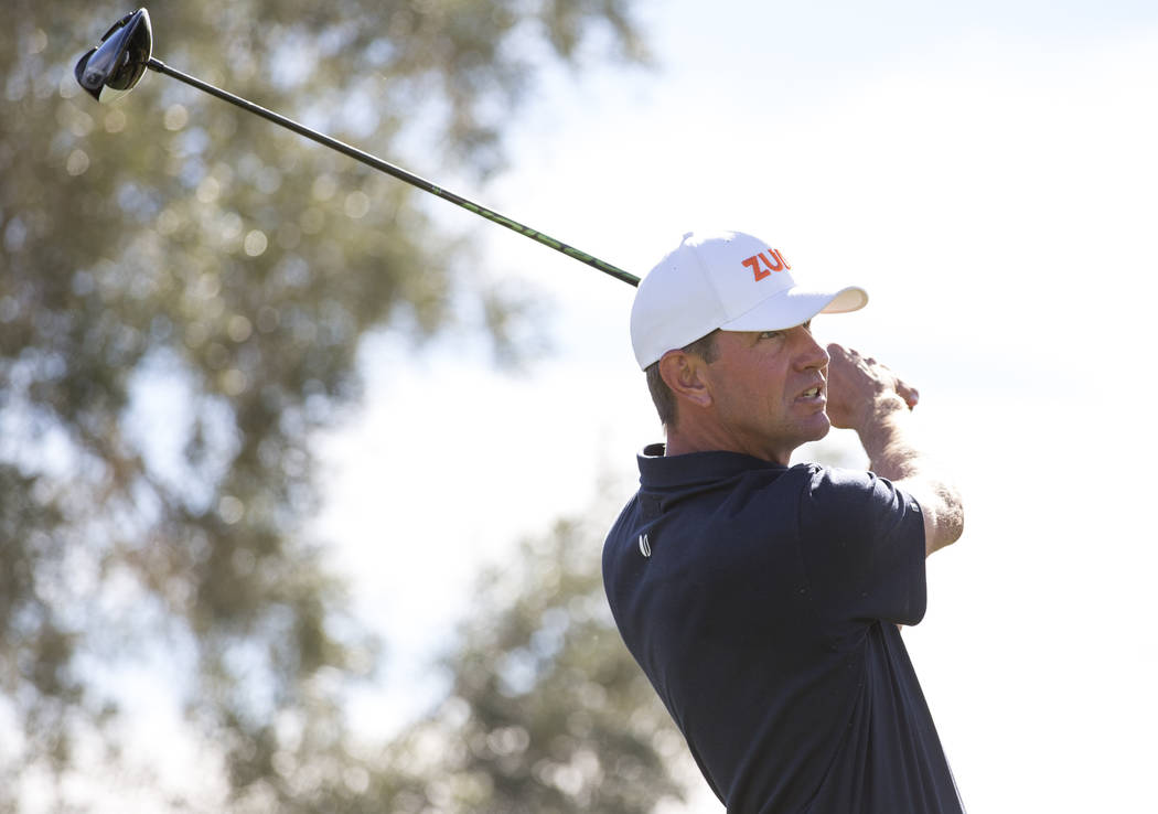 Lucas Glover tees off from the ninth during the third round of the Shriners Hospitals for Children Open tournament at TPC at Summerlin in Las Vegas on Saturday, Nov. 3, 2018. Richard Brian Las Veg ...