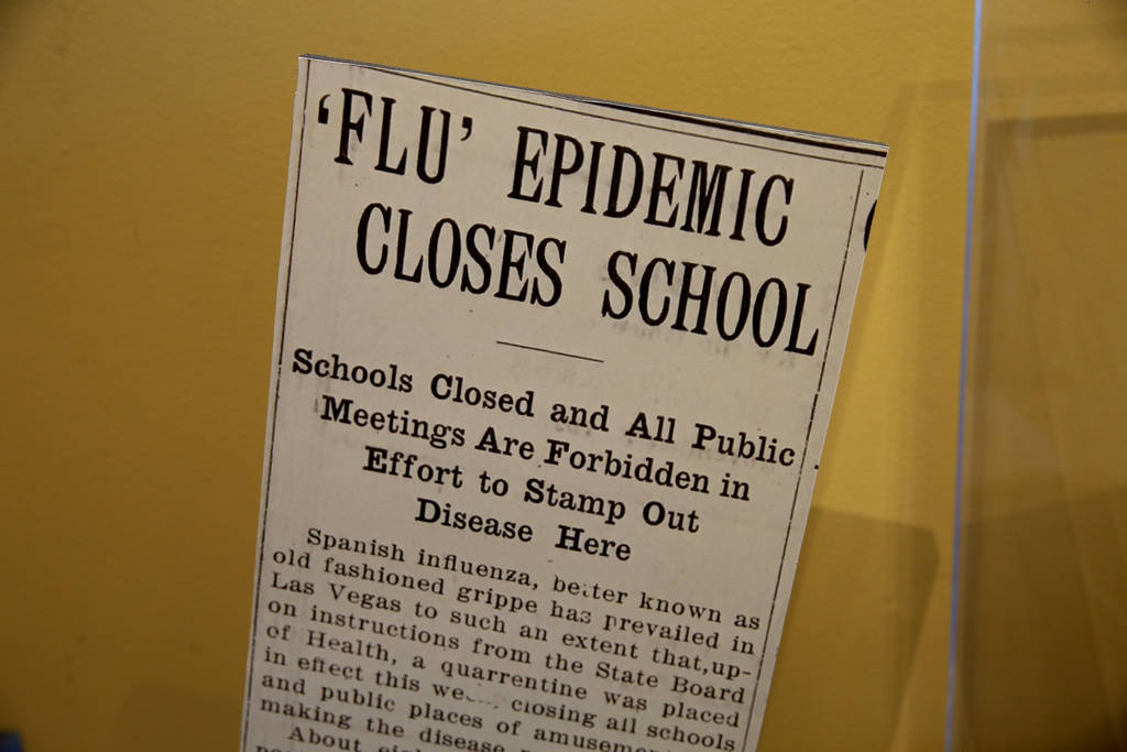 A newspaper article in a section of the new World War I exhibit dedicated to the 1918 worldwide flue pandemic at the Nevada State Museum at the Las Vegas Springs Preserve in Las Vegas Tuesday, Oct ...