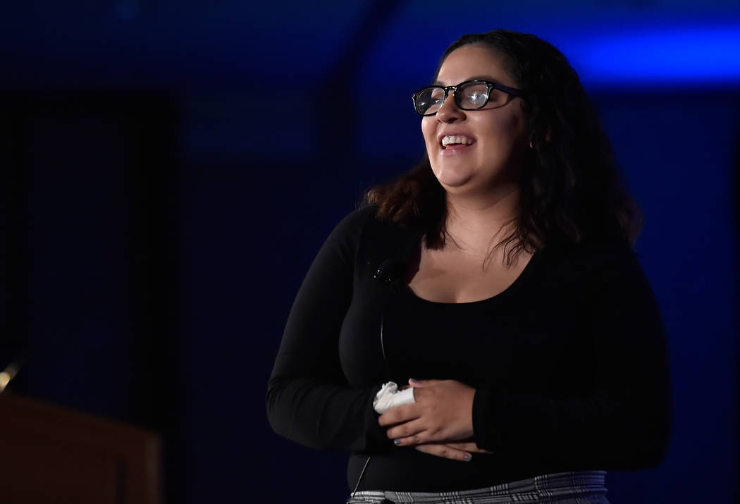 Dessirae Mitchell shares her story of homelessness during the Southern Nevada Youth Homelessness Summit at the Venetian Las Vegas Friday, Nov. 2, 2018, in Las Vegas. Nevada Partnership for Homeles ...