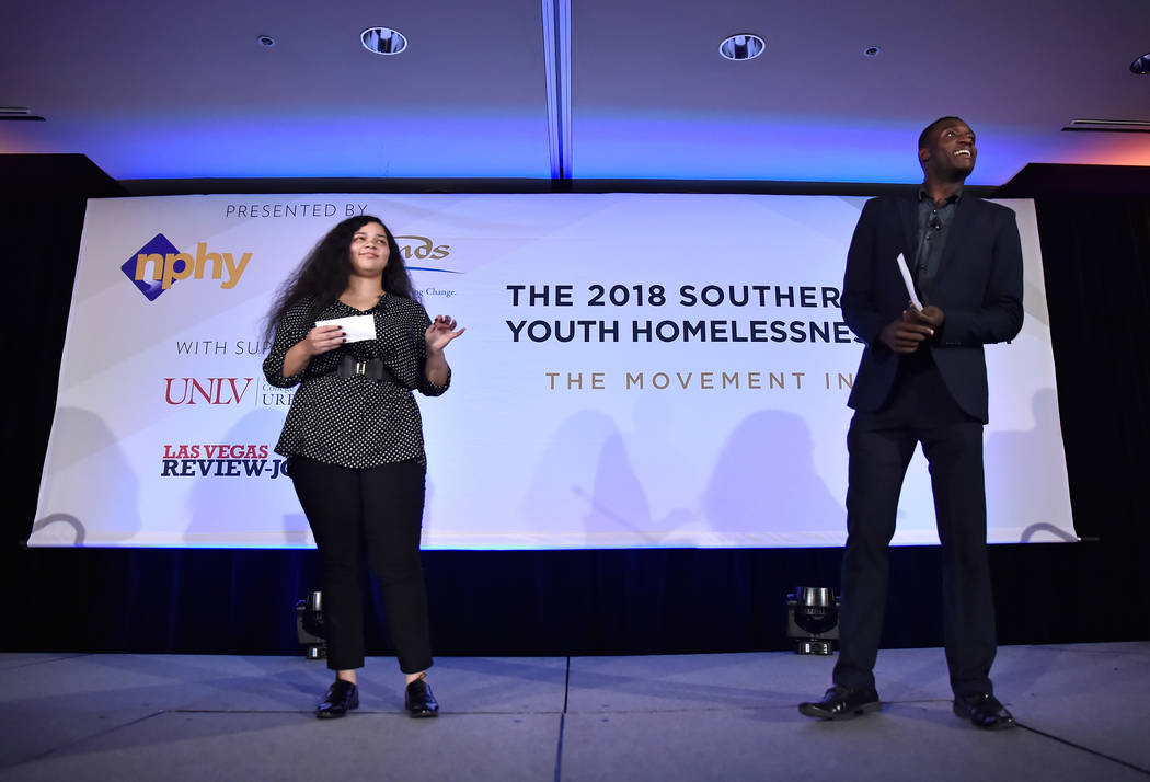 Young Adult in Charge members Taisacan Hall, left, and Kennedy Adams speak during the Southern Nevada Youth Homelessness Summit at the Venetian Las Vegas Friday, Nov. 2, 2018, in Las Vegas. Nevada ...
