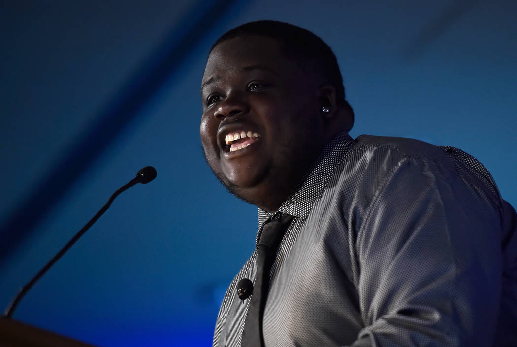 Emcee Marquan Ellis speaks during the Southern Nevada Youth Homelessness Summit at the Venetian Las Vegas Friday, Nov. 2, 2018, in Las Vegas. Nevada Partnership for Homeless Youth unveiled a compr ...