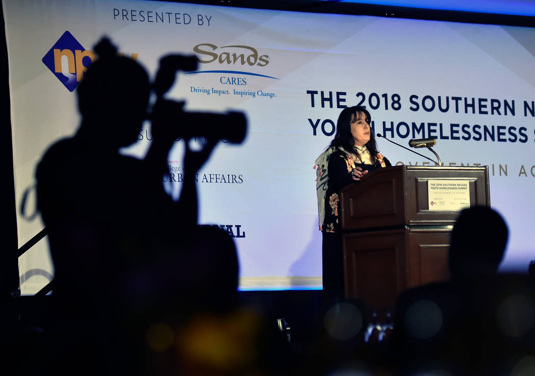UNLV Professor Patricia Cook-Craig speaks during the Southern Nevada Youth Homelessness Summit at the Venetian Las Vegas Friday, Nov. 2, 2018, in Las Vegas. Nevada Partnership for Homeless Youth u ...