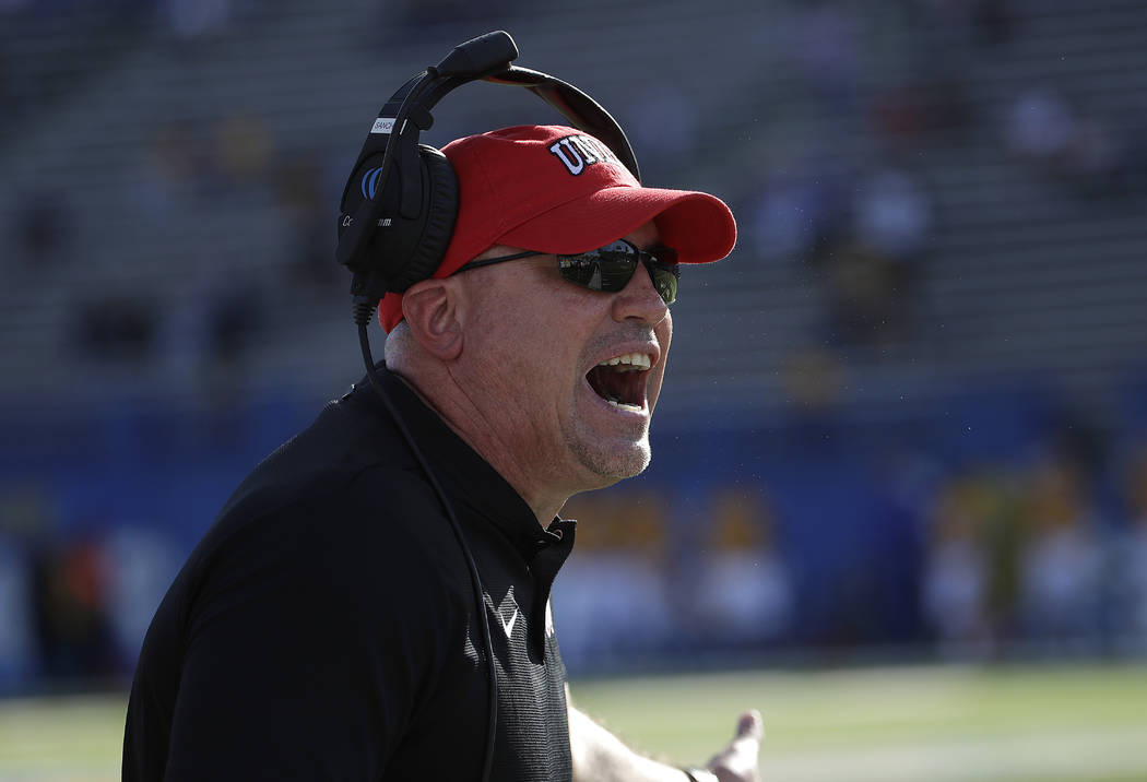 UNLV head coach Tony Sanchez yells toward officials during the first half of an NCAA college football game against San Jose State in San Jose, Calif., Saturday, Oct. 27, 2018. (AP Photo/Jeff Chiu)