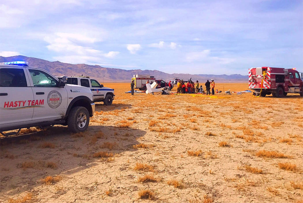 Crews work at the scene of a plane crash in the Fish Springs area, about 40 miles north of Reno, on Saturday, Nov. 3, 2018. (Washoe County Sheriff's Office)