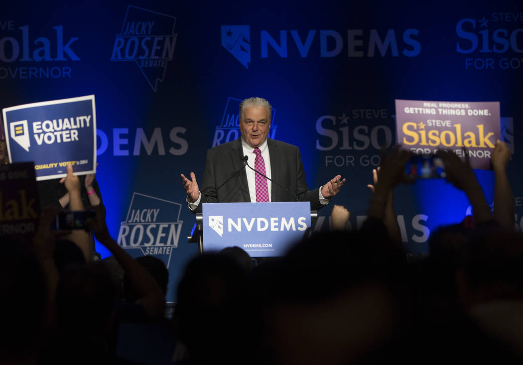 Nevada Democratic gubernatorial candidate Steve Sisolak delivers his victory speech at an election night watch party in Las Vegas, Tuesday, Nov. 7, 2018. Benjamin Hager Las Vegas Review-Journal