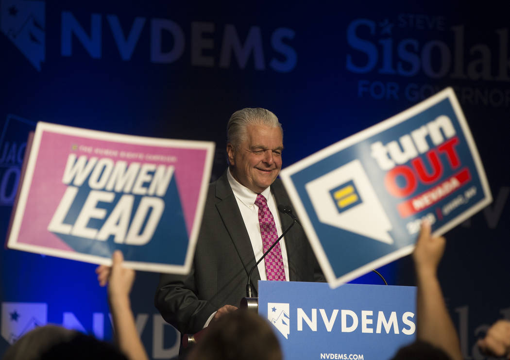 Nevada Democratic gubernatorial candidate Steve Sisolak delivers his victory speech at an election night watch party in Las Vegas, Tuesday, Nov. 7, 2018. Benjamin Hager Las Vegas Review-Journal