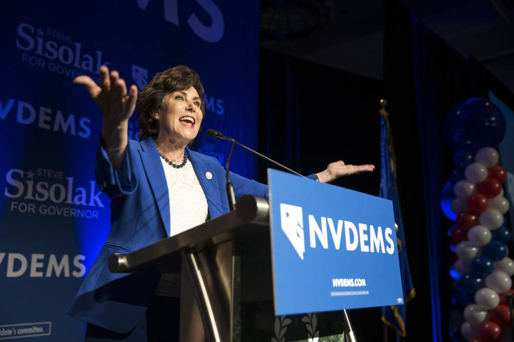 Congresswoman Jacky Rosen speaks after winning a seat on the U.S. Senate during an election night event hosted by the Nevada Democrats on Tuesday, November 6, 2018, at Caesars Palace, in Las Vegas ...