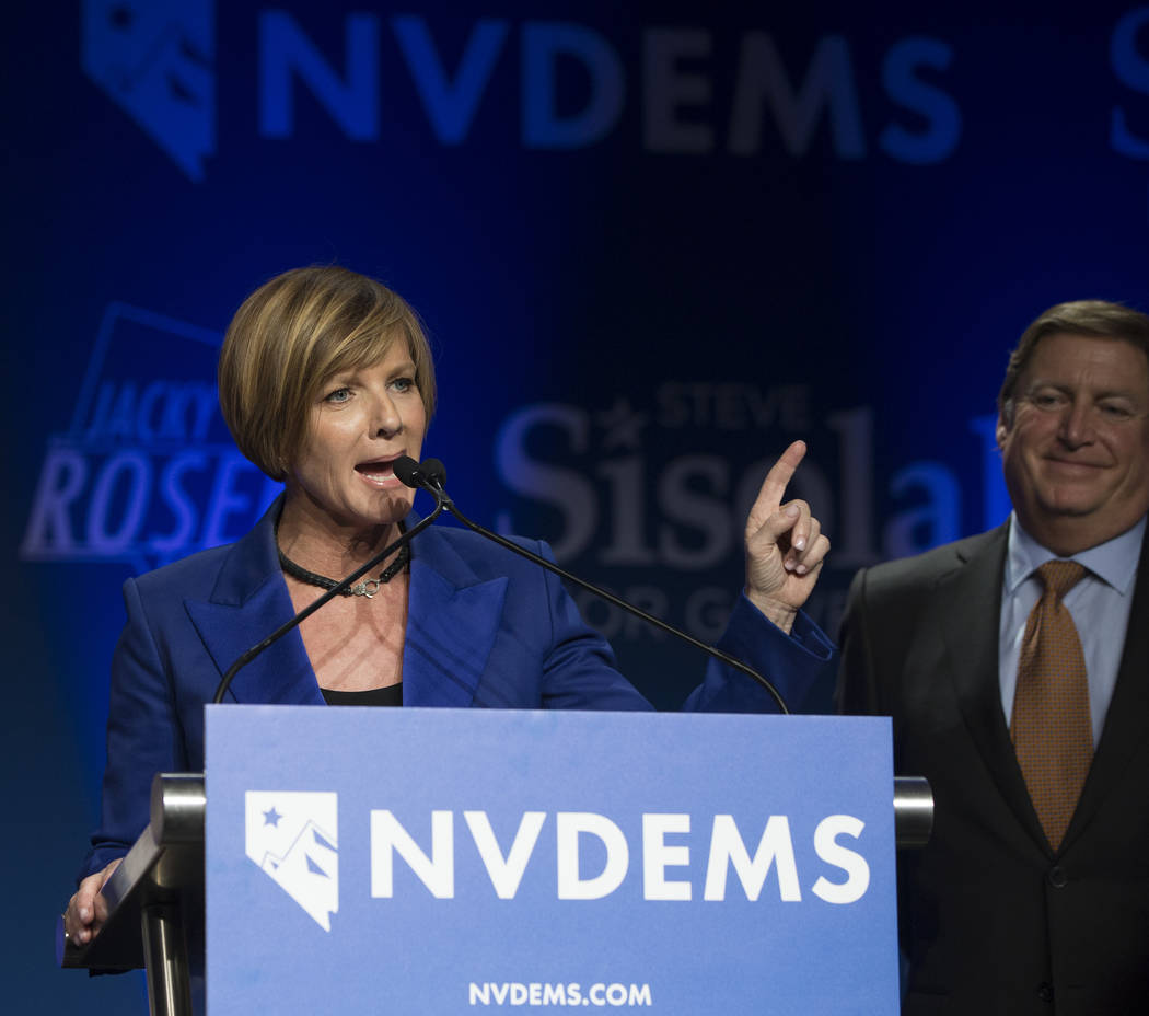 Susie Lee addresses the crowd after winning Nevada’s Third Congressional District seat at an election night event hosted by the Nevada Democrats on Tuesday, November 6, 2018, at Caesars Pal ...