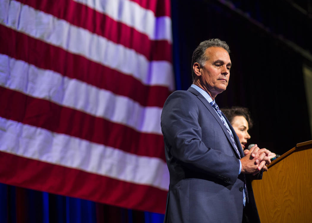 Danny Tarkanian, Republican candidate for the 3rd Congressional District, looks on after conceding to Democratic candidate Susie Lee during the Nevada Republican Party election night watch party a ...