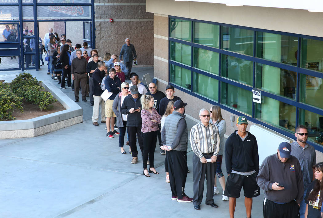 Voters lined up to cast their vote at a polling station at Coronado High School on Tuesday, Nov. 6, 2018, in Henderson. (Bizuayehu Tesfaye/Las Vegas Review-Journal) @bizutesfaye
