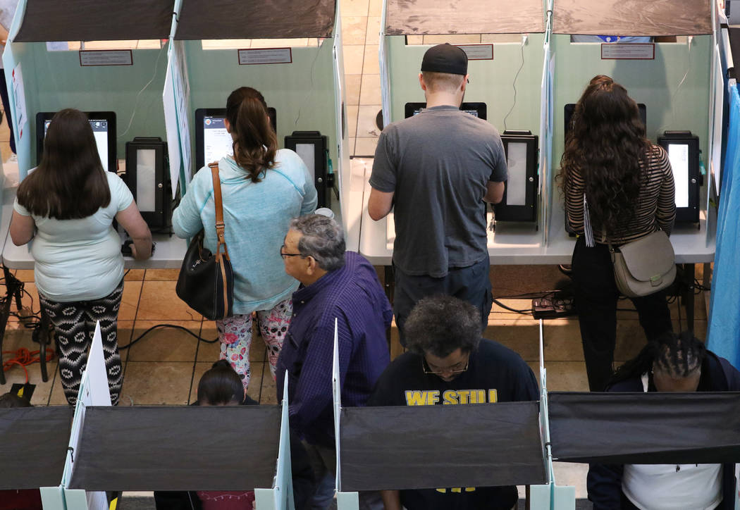 Voters cast their ballots at a polling station at Galleria Mall on Tuesday, Nov. 6, 2018, in Henderson. (Bizuayehu Tesfaye/Las Vegas Review-Journal) @bizutesfaye