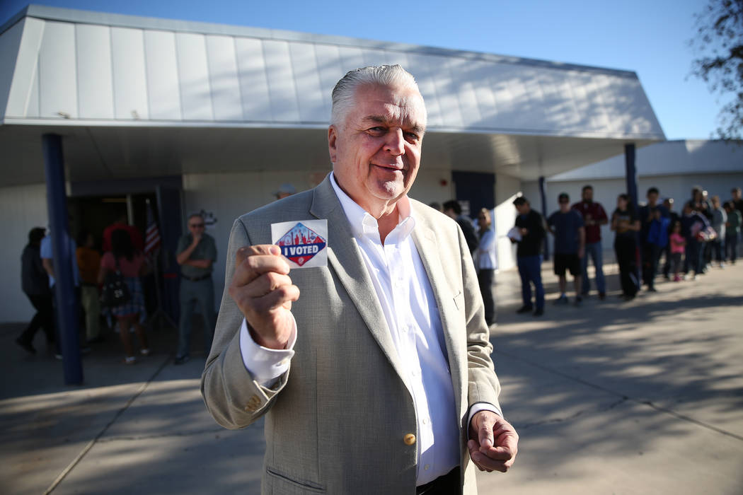 Steve Sisolak, Democratic candidate for Nevada governor, shows his "I Voted" sticker at Kenny Guinn Middle School in Las Vegas, Tuesday, Nov. 6, 2018. Erik Verduzco Las Vegas Review-Journal @Erik_ ...