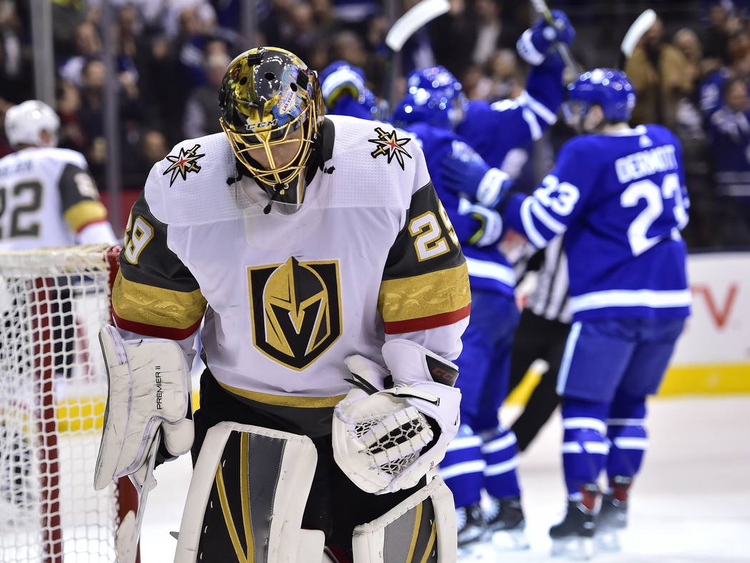 Vegas Golden Knights goaltender Marc-Andre Fleury (29) reacts after giving up a goal to the Toronto Maple Leafs during the first period of an NHL hockey game Tuesday, Nov. 6, 2018, in Toronto. (Fr ...