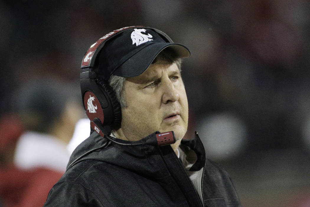 Washington State head coach Mike Leach looks on during the second half of an NCAA college football game against California in Pullman, Wash., Saturday, Nov. 3, 2018. Washington State won 19-13. (A ...