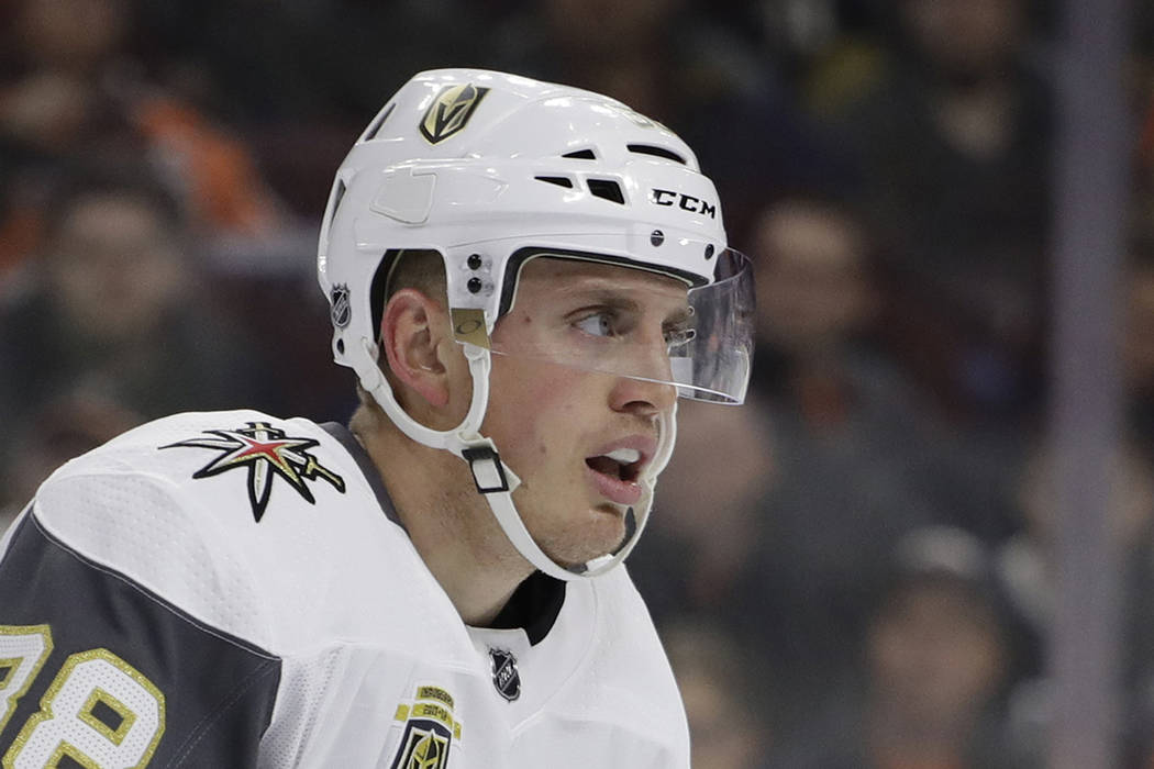 In this March 12, 2018, file photo, Vegas Golden Knights' Nate Schmidt is seen during an NHL hockey game against the Philadelphia Flyers, in Philadelphia. (AP Photo/Matt Slocum, File)