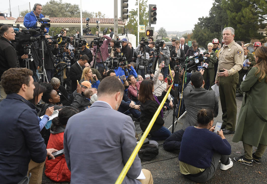 Ventura County Sheriff Geoff Dean speaks to reporters near the scene in Thousand Oaks, Calif., on Thursday, Nov. 8, 2018, where a gunman opened fire the previous night inside a country dance bar c ...