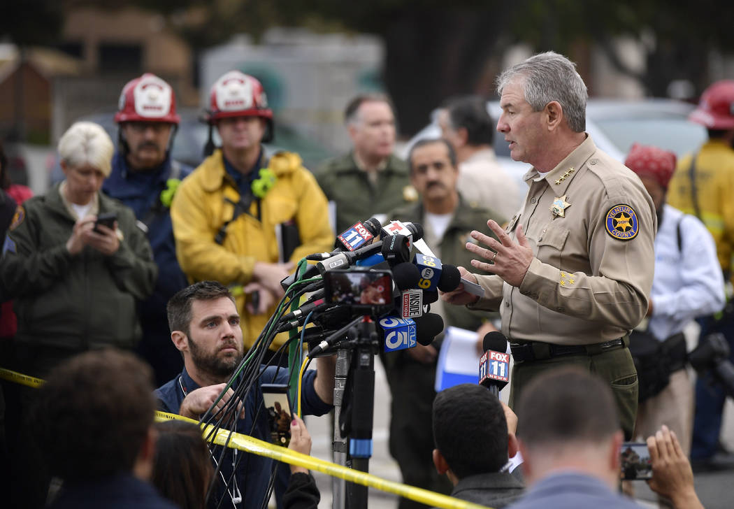 Ventura County Sheriff Geoff Dean speaks to reporters near the scene in Thousand Oaks, Calif., on Thursday, Nov. 8, 2018, where a gunman opened fire the previous night inside a country dance bar c ...