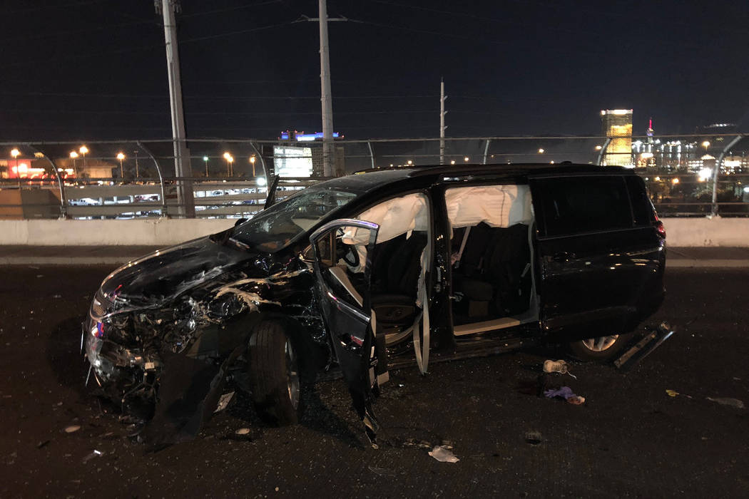 The driver of a Chrysler 200 sedan was killed Wednesday night and three others were injured in a crash on Flamingo Road near Interstate 15. (Nevada Highway Patrol)