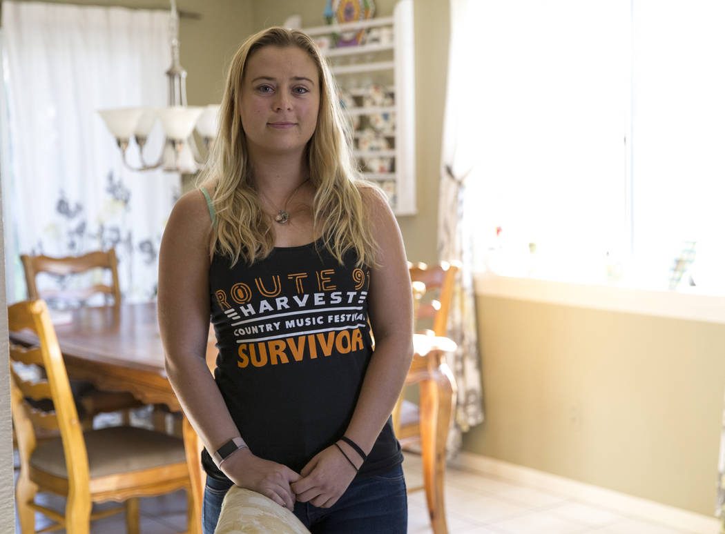 Route 91 survivor Jessica Maldoon, 24, poses at her home in Simi Valley, Calif., on Thursday, Nov. 8, 2018. Richard Brian Las Vegas Review-Journal @vegasphotograph