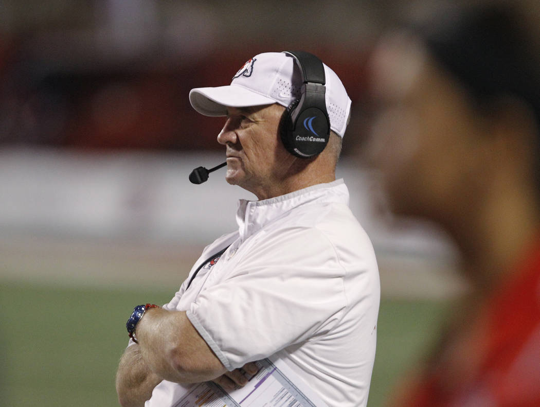Fresno State qcoach Jeff Tedford watches his team against Wyoming during the second half of an NCAA college football game in Fresno, Calif., Saturday, Oct. 13, 2018. (AP Photo/Gary Kazanjian)