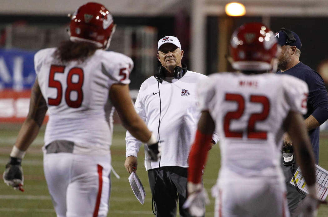 Fresno State Bulldogs head coach Jeff Tedford looks at players after a play against the UNLV Rebels during the second half of an NCAA college football game Saturday, Nov. 3, 2018, in Las Vegas. (A ...