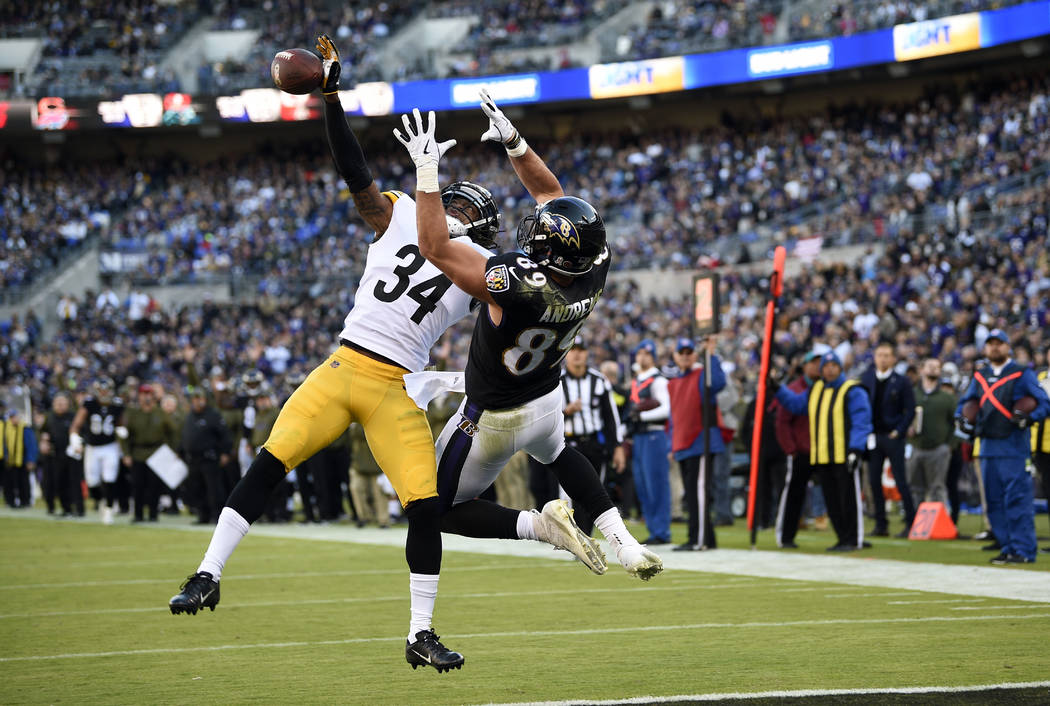 Pittsburgh Steelers strong safety Terrell Edmunds (34) breaks up a pass attempt to Baltimore Ravens tight end Mark Andrews in the end zone in the second half of an NFL football game, Sunday, Nov. ...