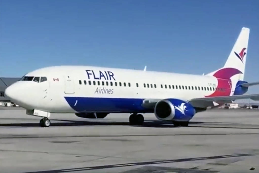 A Flair Airlines jet arrives at McCarran International Airport in Las Vegas on Thursday, Nov. 8, 2018. (Flair via Facebook)