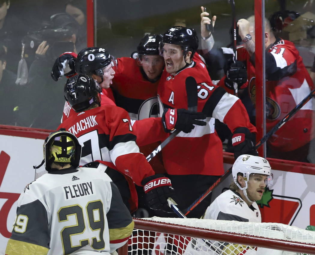 Ottawa Senators center Matt Duchene (95) celebrates his goal against the Vegas Golden Knights with teammates Mark Stone (61) Thomas Chabot and Brady Tkachuk (7) as Vegas Golden Knights goaltender ...