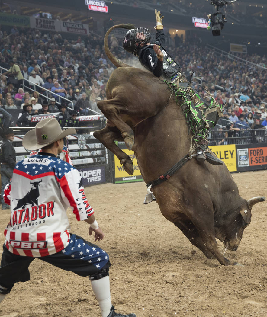 Lonnie West rides "Hostage" during the Professional Bull Riders World Finals on Thursday, November 8, 2018, at T-Mobile Arena, in Las Vegas. Benjamin Hager Las Vegas Review-Journal