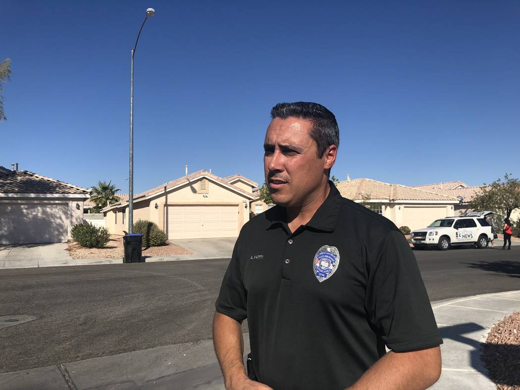 North Las Vegas Police Officer Aaron Patty gives a press conference at the scene of an accidental shooting that left a 3-year-old boy in critical condition on November 10, 2018. Briana Erickson La ...
