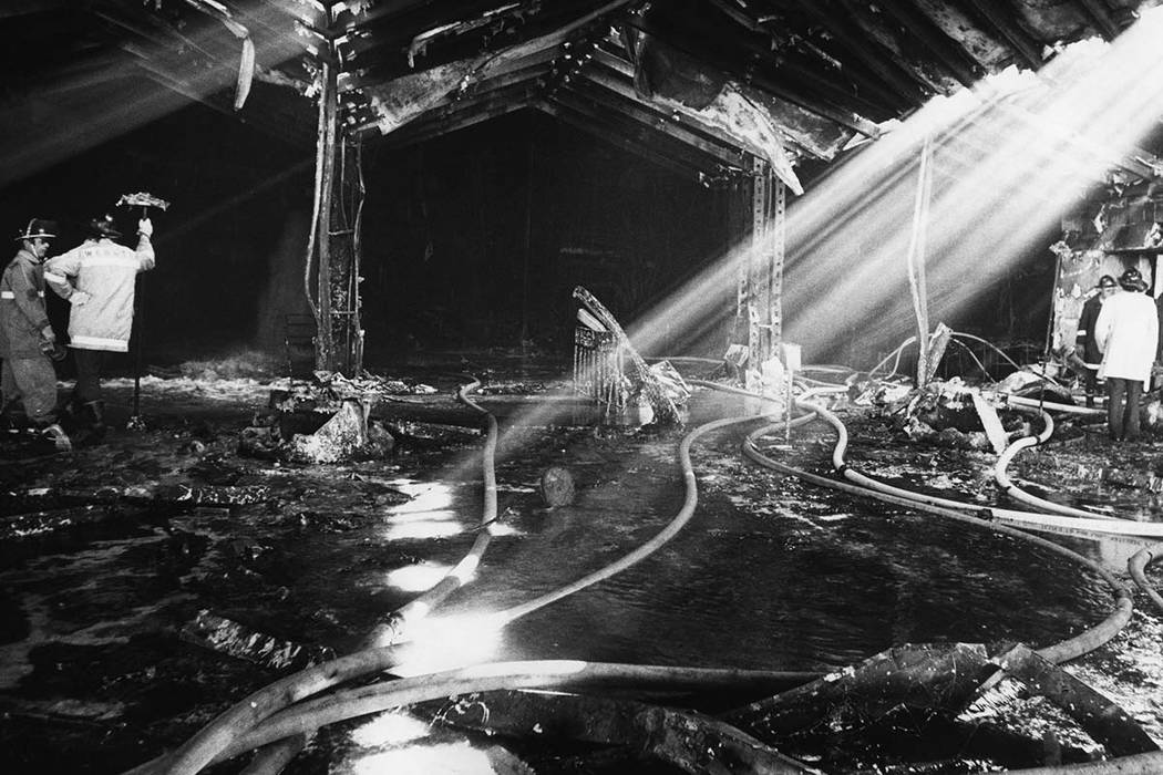 The graphic aftermath of the November 21, 1980 MGM Grand Hotel fire can be seen in this view of a portion of the hotels entrance. The fire initiated in an area above a delicatessen on the main flo ...
