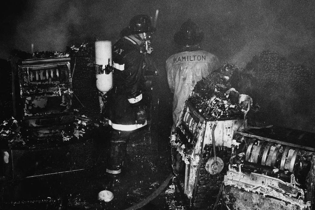 Clark County Firefighters survey the damage on the casino floor following the November 21, 1980 MGM Grand Hotel fire. Over 200 firefighters responded to the blaze. Initial responders arrived on sc ...