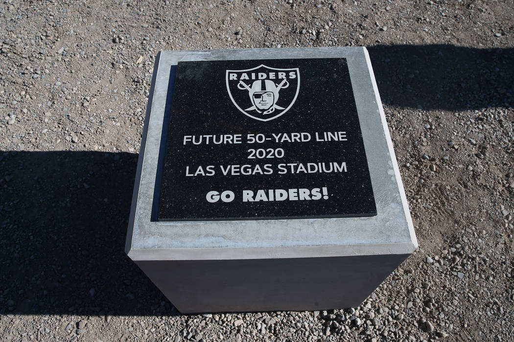 The 50-yard line marker at a quiet Raiders stadium construction site in Las Vegas as workers were off for the day in recognition of Veterans Day on Monday, Nov. 12, 2018. Erik Verduzco Las Vegas R ...