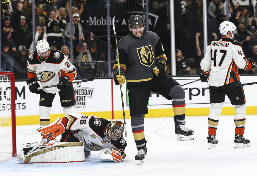 Golden Knights right wing Alex Tuch (89) celebrates his goal past Anaheim Ducks goaltender John Gibson (36) during the first period of an NHL hockey game at T-Mobile Arena in Las Vegas on Wednesda ...