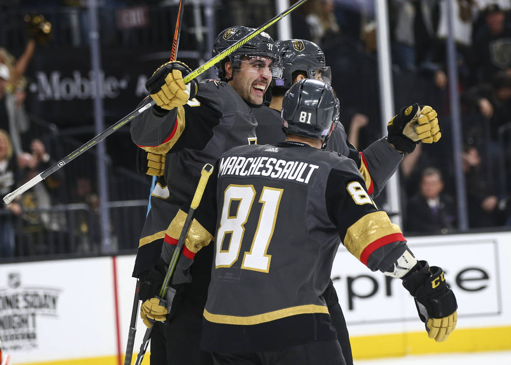Golden Knights right wing Alex Tuch (89) celebrates his goal with Golden Knights center Jonathan Marchessault (81) during the first period of an NHL hockey game against the Anaheim Ducks at T-Mobi ...