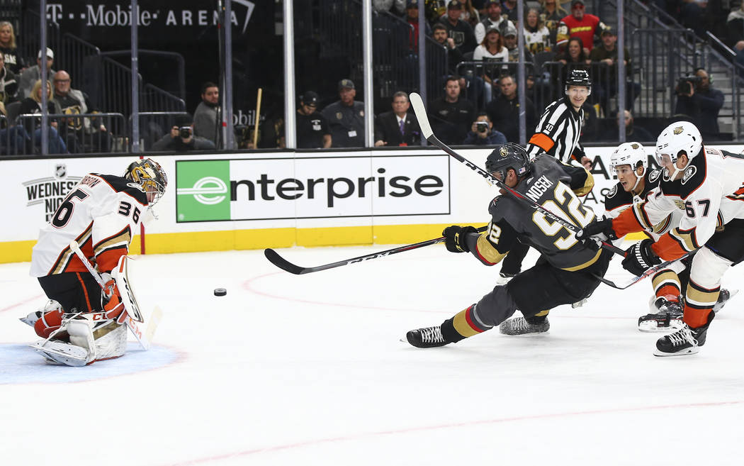 Golden Knights left wing Tomas Nosek (92) shoots the puck against Anaheim Ducks goaltender John Gibson (36) during the first period of an NHL hockey game at T-Mobile Arena in Las Vegas on Wednesda ...