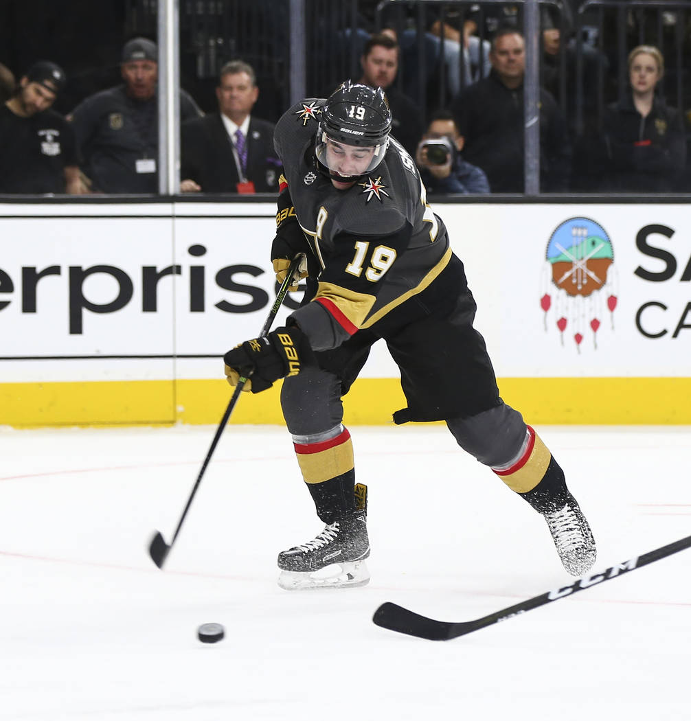 Golden Knights right wing Reilly Smith (19) shoots the puck against the Anaheim Ducks during the first period of an NHL hockey game at T-Mobile Arena in Las Vegas on Wednesday, Nov. 14, 2018. Chas ...