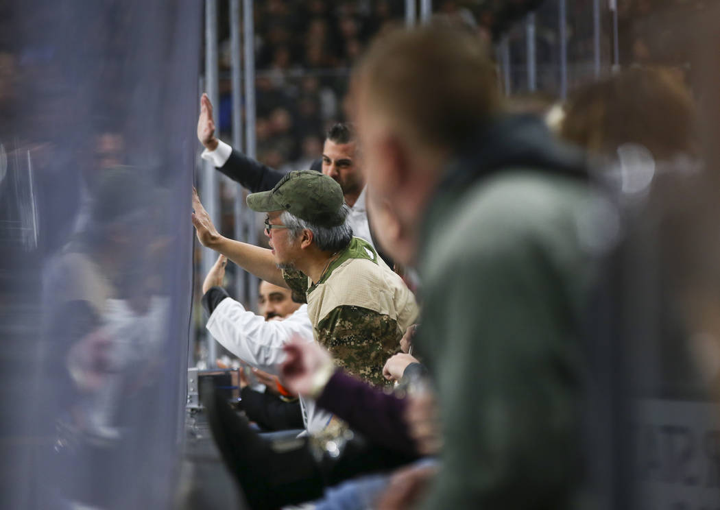 Fans react as the Golden Knights play the Anaheim Ducks during the first period of an NHL hockey game at T-Mobile Arena in Las Vegas on Wednesday, Nov. 14, 2018. Chase Stevens Las Vegas Review-Jou ...